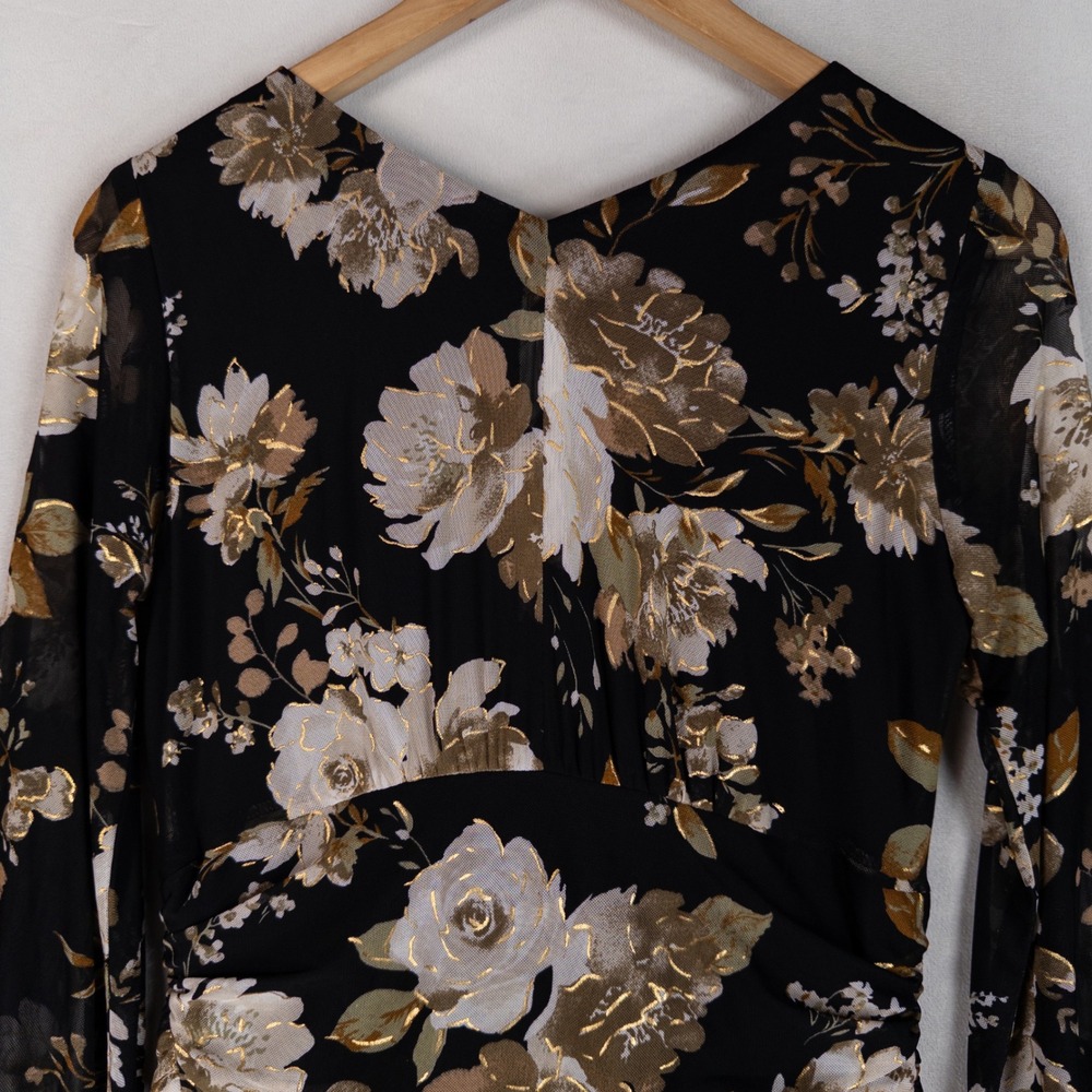 Rabbit Rabbit Rabbit Designs Dress 4 Black Taupe Metallic Floral Mesh Feminine - Picture 4 of 9